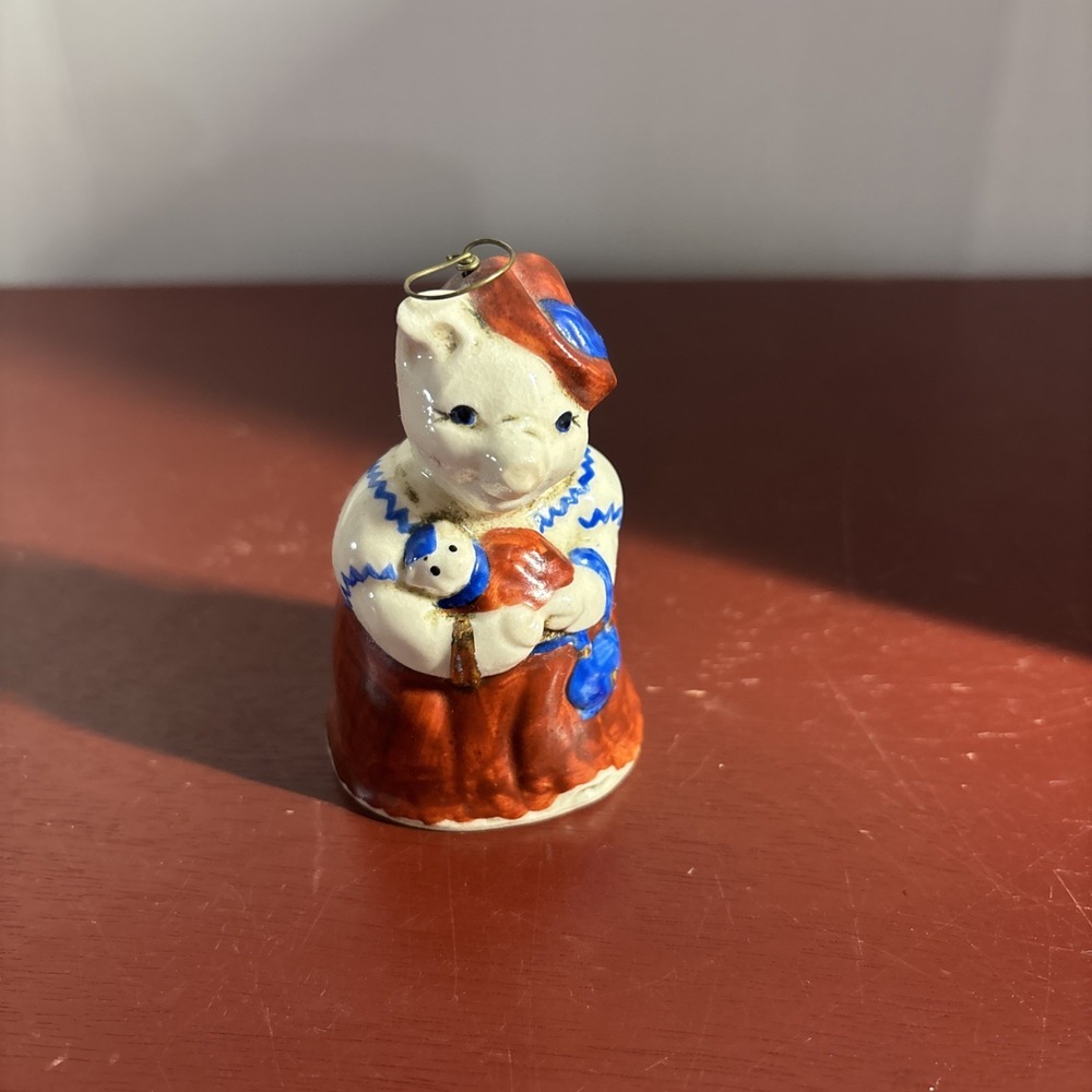 VTG Salamander Christmas Tree Ornament Bell Porcelain Pig Mama W/Baby 85 Signed